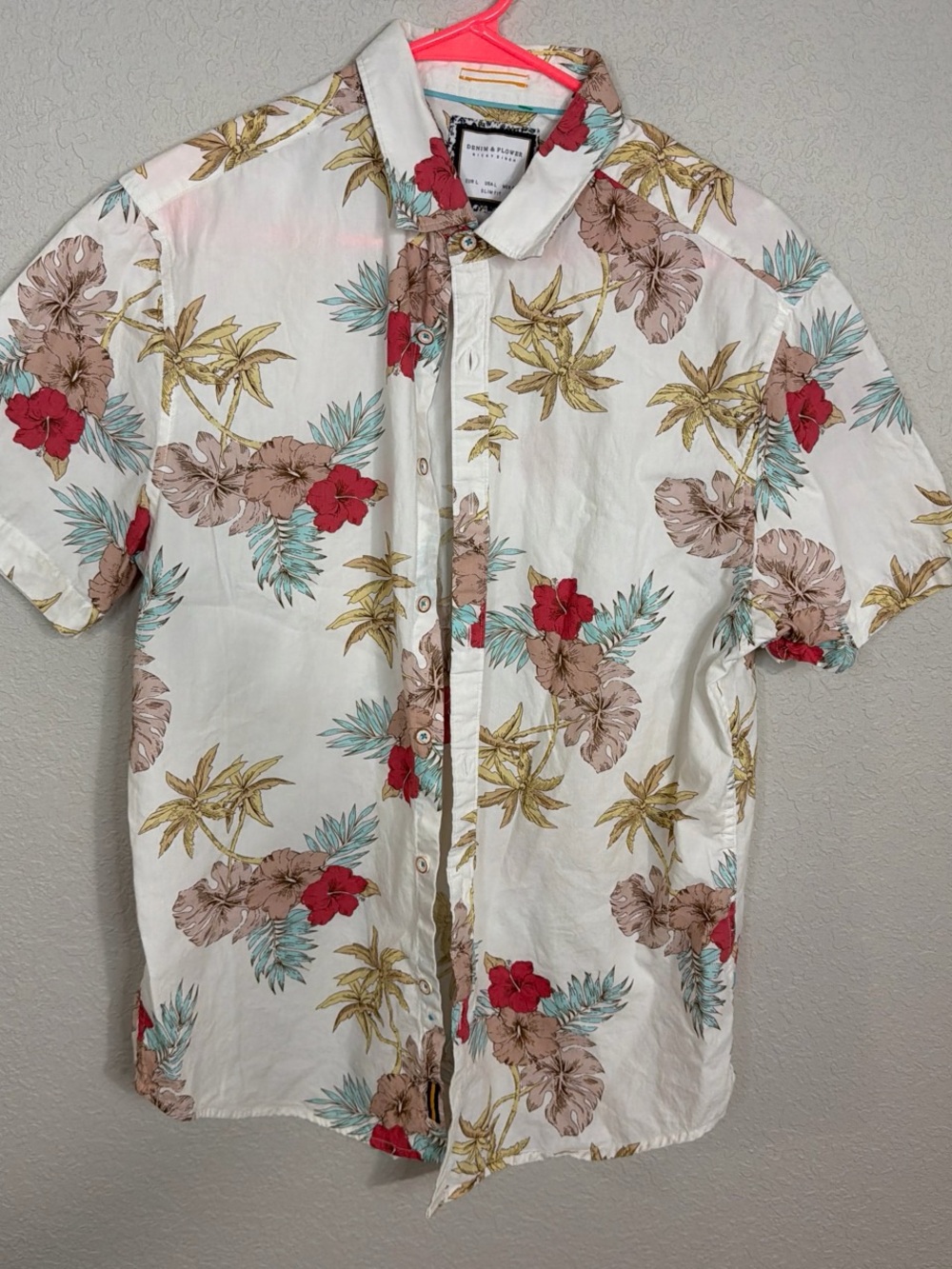 Denim&Flower Men's White Floral Short-Sleeve Button-Up Shirt
